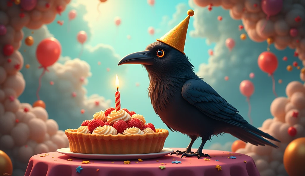 the crow bird celebrates its birthday , pie , cinematic, HD , 4K, fantasy