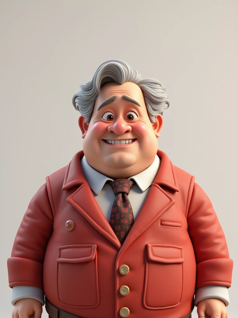 Create a Disney Pixar-style, 3D character of a 6 man, brown eyes, short gray hair, with a normal mouth, a big, airy nose, thick eyeshadows, wearing dress clothes
