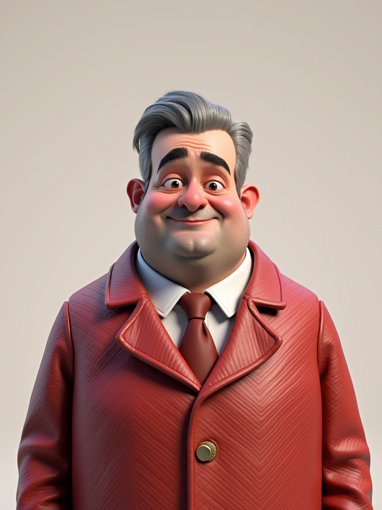 Create a Disney Pixar-style, 3D character of a 6 man, brown eyes, short gray hair, with a normal mouth, a big, airy nose, thick eyeshadows, wearing dress clothes