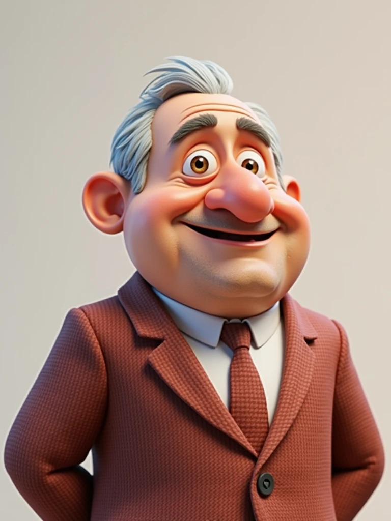 Create a Disney Pixar-style, 3D character of a 6 man, brown eyes, short gray hair, with a normal mouth, a big, airy nose, thick eyeshadows, wearing dress clothes
