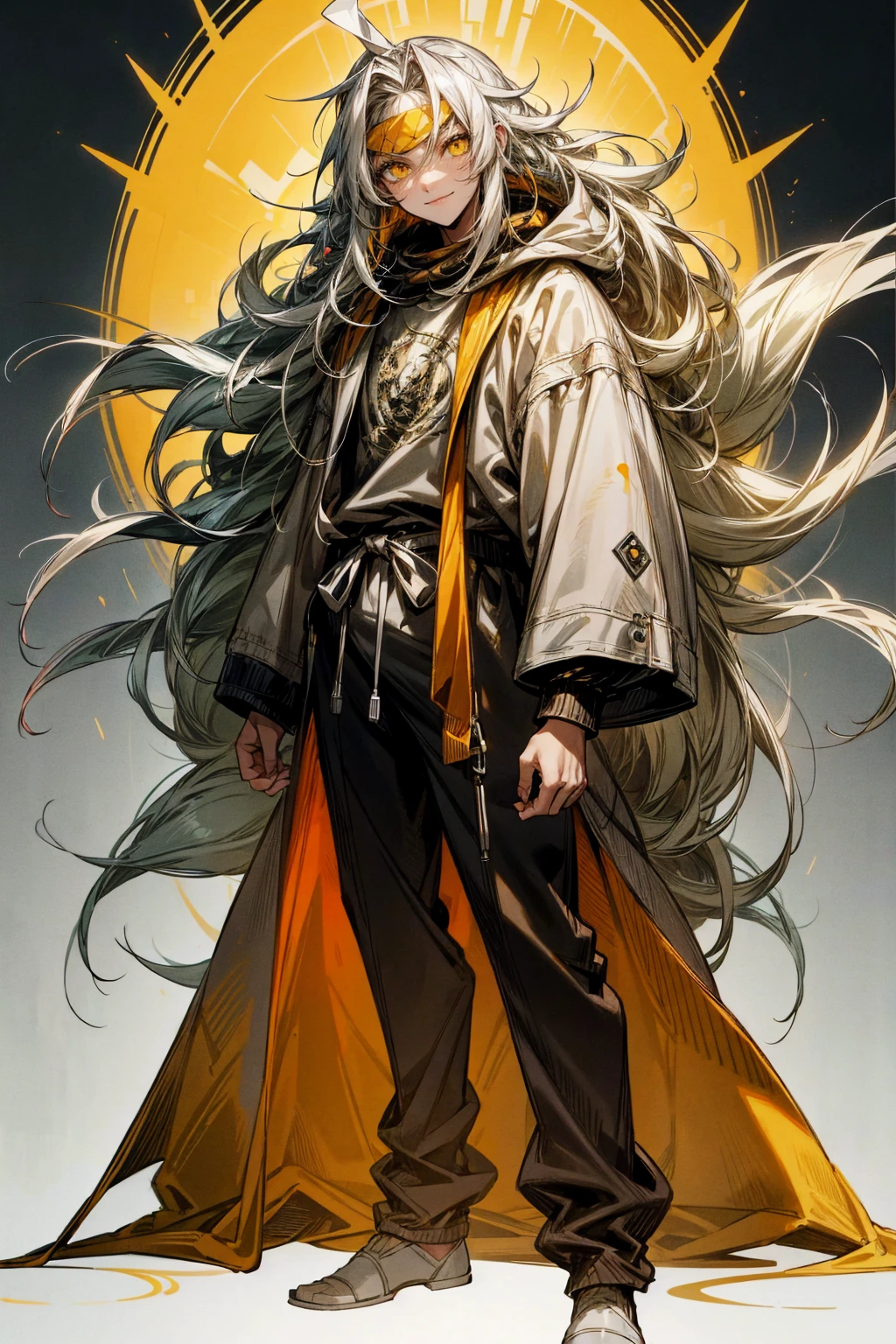 Masterpiece Quality, Perfect Generation, Sclera, Detailed Eyes, Skin, Extremely Spiky Hair, Muscular, Casual Sweats Clothing, Crazy Smile Expression, , Cool Futuristic Tower Background, Full Body, Tanned Skin, Two Toned Yellow And Silver Hair, Teen, , male, facing viewer, Standing , Multicolored hair, two colored hair, Headband Tilted To The Side, Yellow eyes, Multicolored yellow and silver hair, male, 