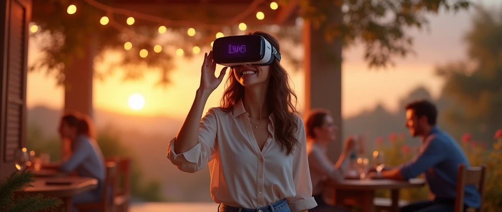 Create an image of a young woman wearing a VR headset and enjoying a virtual date. The woman has a joyful expression, with a bright smile, and her body language suggests she is engaged in a fun, romantic experience. She is dressed in a casual yet stylish outfit, such as a light blouse and jeans, suitable for a date. The background shows hints of a romantic virtual setting, like a sunset over a scenic countryside, a cozy café, or a picturesque park, visible through the VR headset. The overall atmosphere should convey happiness and the excitement of experiencing a virtual date, with warm lighting enhancing the scene