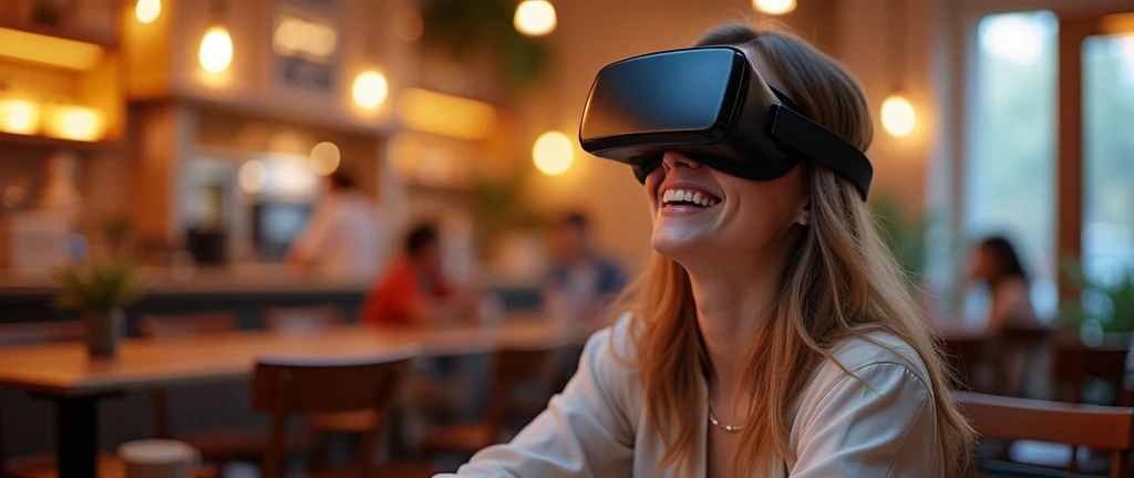 Create an image of a young woman wearing a VR headset and enjoying a virtual date. The woman has a joyful expression, with a bright smile, and her body language suggests she is engaged in a fun, romantic experience. She is dressed in a casual yet stylish outfit, such as a light blouse and jeans, suitable for a date. The background shows hints of a romantic virtual setting, like a sunset over a scenic countryside, a cozy café, or a picturesque park, visible through the VR headset. The overall atmosphere should convey happiness and the excitement of experiencing a virtual date, with warm lighting enhancing the scene