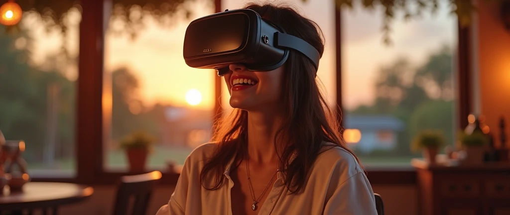 Create an image of a young woman wearing a VR headset and enjoying a virtual date. The woman has a joyful expression, with a bright smile, and her body language suggests she is engaged in a fun, romantic experience. She is dressed in a casual yet stylish outfit, such as a light blouse and jeans, suitable for a date. The background shows hints of a romantic virtual setting, like a sunset over a scenic countryside, a cozy café, or a picturesque park, visible through the VR headset. The overall atmosphere should convey happiness and the excitement of experiencing a virtual date, with warm lighting enhancing the scene
