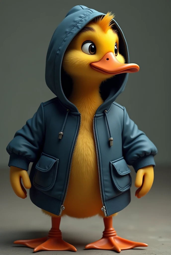 the duck has bright yellow plumage., but instead of its usual plumage, He is wearing a blue hooded jacket that suits him very well... The hood covers your head and neck., giving it a very cool and modern look. the duck'eyes shine with curiosity, and their wings are ready to unfold at any moment.