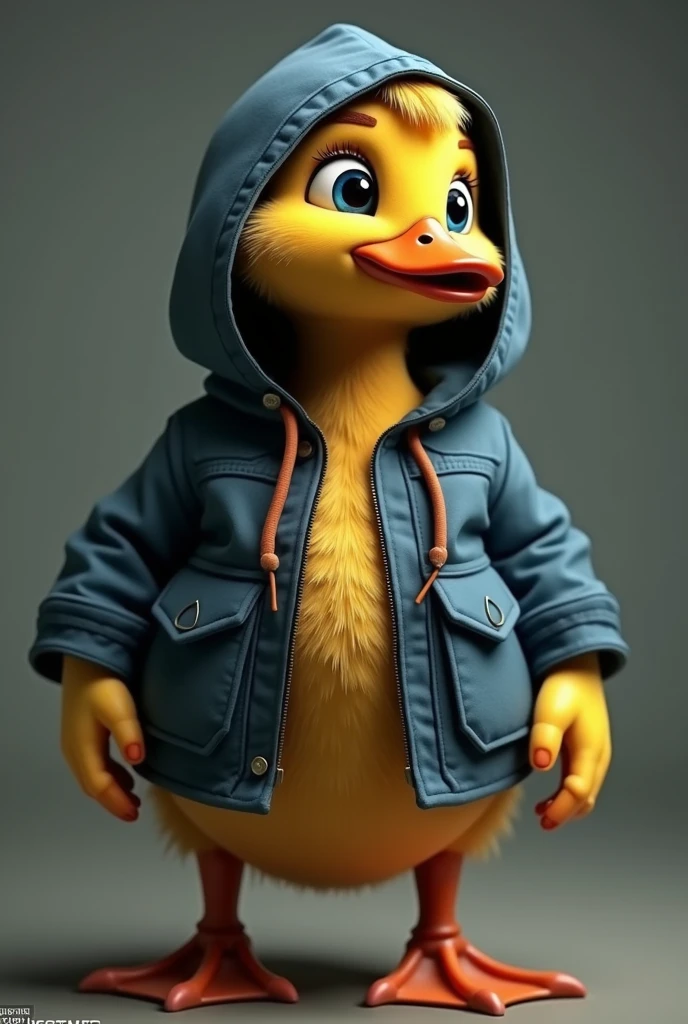 the duck has bright yellow plumage., but instead of its usual plumage, He is wearing a blue hooded jacket that suits him very well... The hood covers your head and neck., giving it a very cool and modern look. the duck'eyes shine with curiosity, and their wings are ready to unfold at any moment.