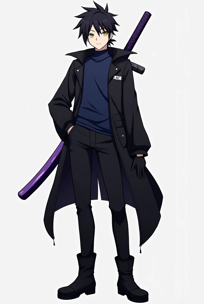 Create an anime style character, male gender with short, slightly spiky black hair with the fringe covering the face a little on the left side and with a ponytail, big yellow eyes, Men&#39;s black windbreaker jacket with dark blue shirt, black gloves, black pants with men&#39;s black boots, with a purple sheathed katana on his back.