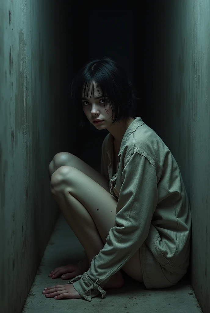 Woman, short black hair, dark shaped eyes, Expression of fear, all hurt, torn garments, sitting leaning against the wall of a dark room