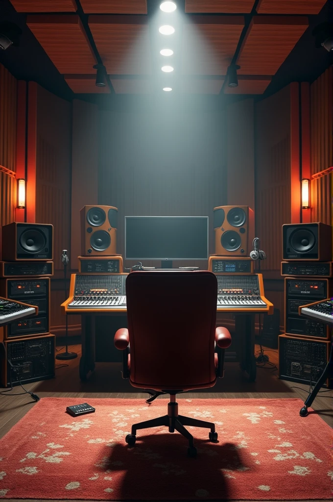 A recording studio with a front-facing chair