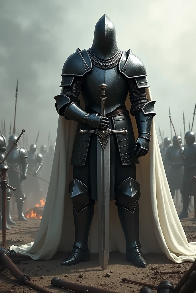 A medieval knight in full black armor and a white cape leaning a large sword on the ground after a battle.