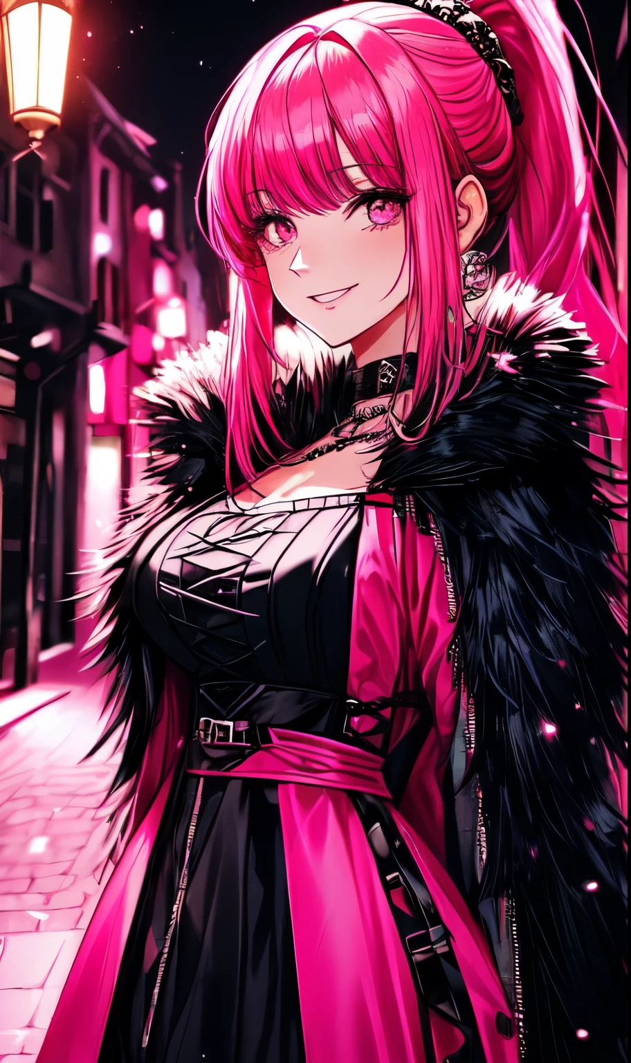 A beautiful gothic woman with long hot pink hair (haircut with bangs and ponytail), Latin eyes, smiling sweetly, wearing a stylish cyberpunk neon pink dress and a long fur jacket, Empty background of candlelit medieval street