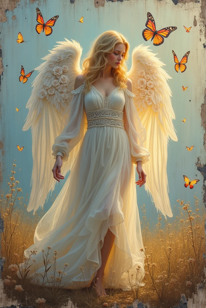the angel is an weathered peeling image painted on an old peeling wooden sign, she is like a painting on sign, static, haze, cracks worn patches, weathered painted image of blonde haired angel, standing on a battle field holding a butterfly bringing life back into it weathered painting on a old wooden sign board, the butterflies are multi-colorful and iridescent, wearing a transparent Voile dress, wooden sign-board style, paper roses, paper wings, scroll work, designs, flacking paint dried plants, simple background, photorealistic, perfect, oil painting, photorealistic, In a sublime portrayal, an angel draped in a pristine, luminescent cloak captivates the viewer. The ethereal being is depicted in a striking painting, which precisely highlights the angel's purity and radiance. Resplendent with heavenly beauty, the cloak glistens with a glossy sheen, reflecting divine light. The delicate feathers that adorn the angel's wings possess a remarkable softness and grace, seemingly untouched by earthly impurities. This awe-inspiring image evokes beautiful blonde girl