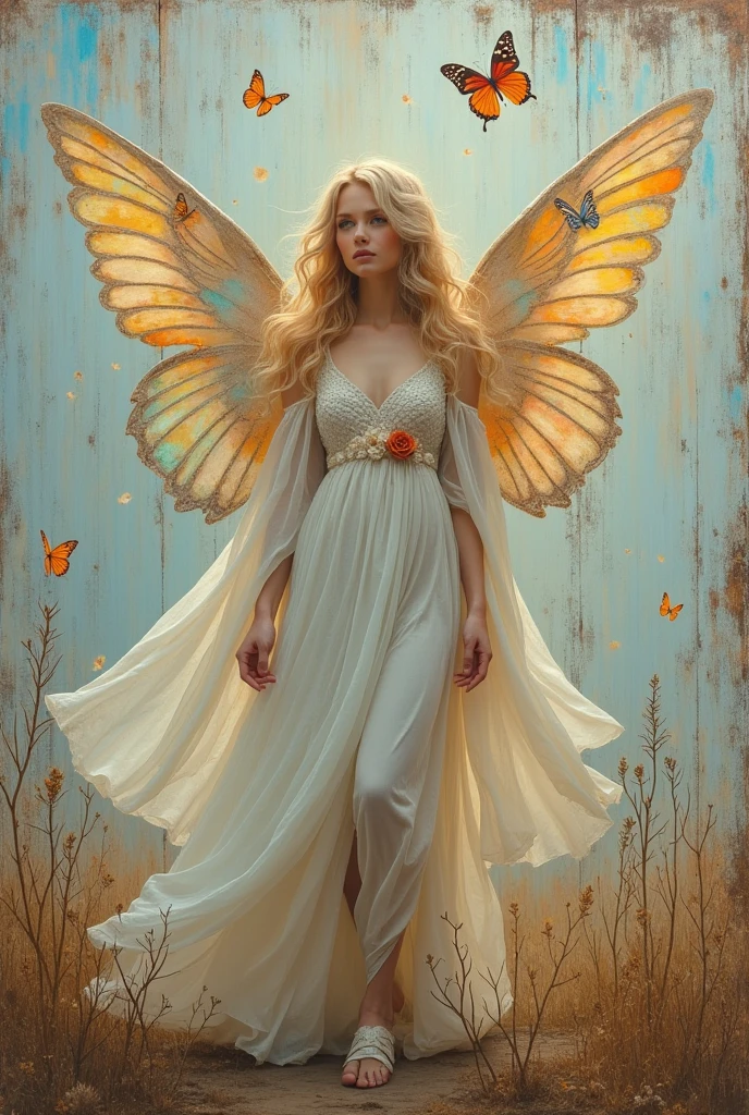 the angel is an weathered peeling image painted on an old peeling wooden sign, she is like a painting on sign, static, haze, cracks worn patches, weathered painted image of blonde haired angel, standing on a battle field holding a butterfly bringing life back into it weathered painting on a old wooden sign board, the butterflies are multi-colorful and iridescent, wearing a transparent Voile dress, wooden sign-board style, paper roses, paper wings, scroll work, designs, flacking paint dried plants, simple background, photorealistic, perfect, oil painting, photorealistic, In a sublime portrayal, an angel draped in a pristine, luminescent cloak captivates the viewer. The ethereal being is depicted in a striking painting, which precisely highlights the angel's purity and radiance. Resplendent with heavenly beauty, the cloak glistens with a glossy sheen, reflecting divine light. The delicate feathers that adorn the angel's wings possess a remarkable softness and grace, seemingly untouched by earthly impurities. This awe-inspiring image evokes beautiful blonde girl
