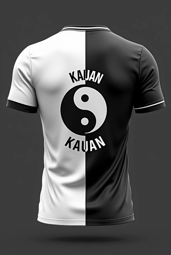 Create a football shirt on the back of the shirt, put the yin yang symbol in the middle, put the football numbers and below the symbol the name Kauan and it is white and the other side is black.