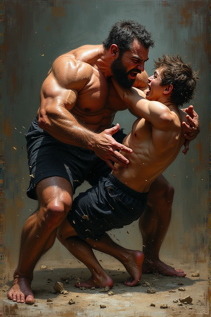 A rough oil paint of a man killing his opponent