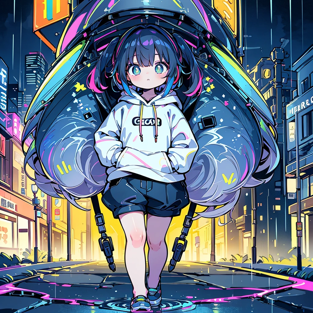 8 k resolution、((highest qualityr))、((masterpiece))、((Ultra-detailed))、1 woman、Alone、Incredibly absurd、Oversized hoodies、headphones、Street、outdoor、rain at night、Neons、Haircut、bright colored eyes、hands in pockets、Shorts、dripping water、rainbow hairs、Bob Hair