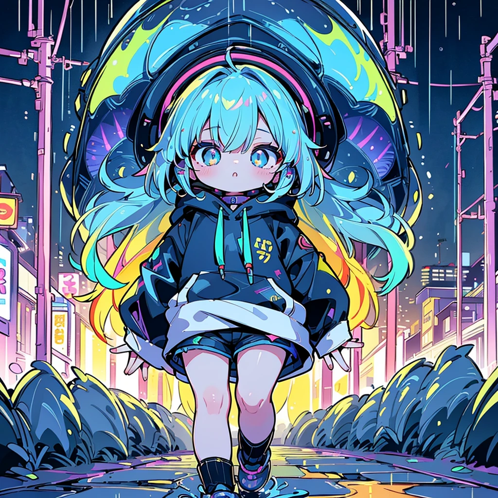 8 k resolution、((highest qualityr))、((masterpiece))、((Ultra-detailed))、1 woman、Alone、Incredibly absurd、Oversized hoodies、headphones、Street、outdoor、rain at night、Neons、Haircut、bright colored eyes、hands in pockets、Shorts、dripping water、rainbow hairs、Bob Hair