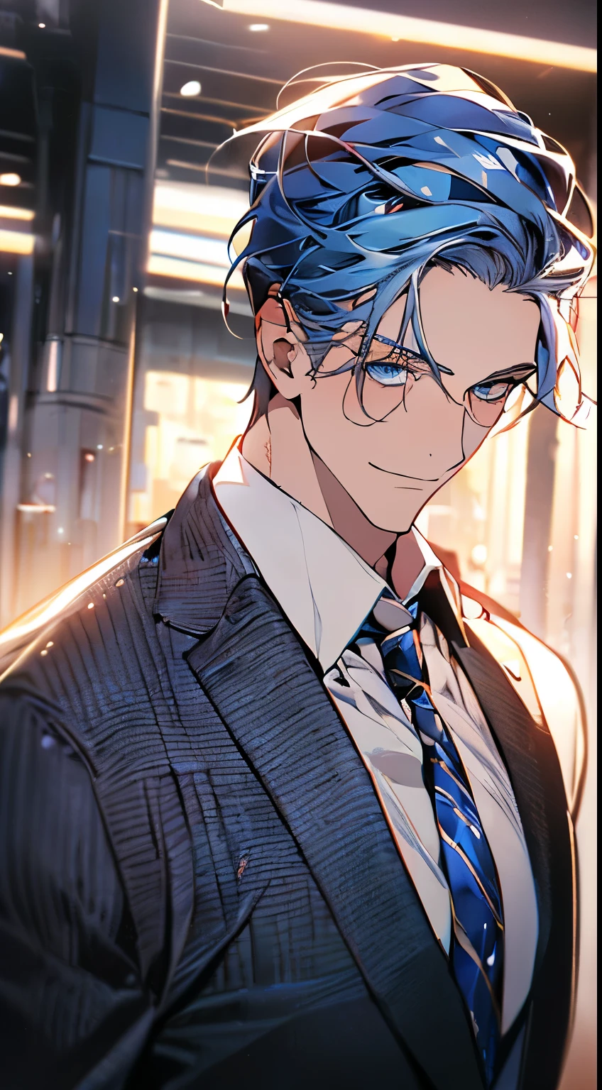 (best quality,4k,8k,highres,masterpiece:1.2),ultra-detailed,(realistic,photorealistic,photo-realistic:1.37),1 man,3,mature man,very handsome,without expression,smile,short grey blue hair,blue eyes,penetrating gaze,perfect face without errors,imposing posture,businessman,office background,cinematic lighting,hdr image