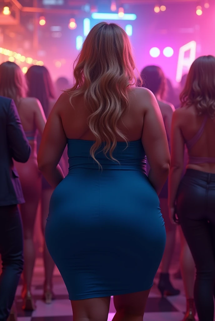 Chubby blonde woman, in a nightclub, of blue dress strained, from behind lifting her dress slightly showing a bit of her big, curved butt, ultra realisitic.
