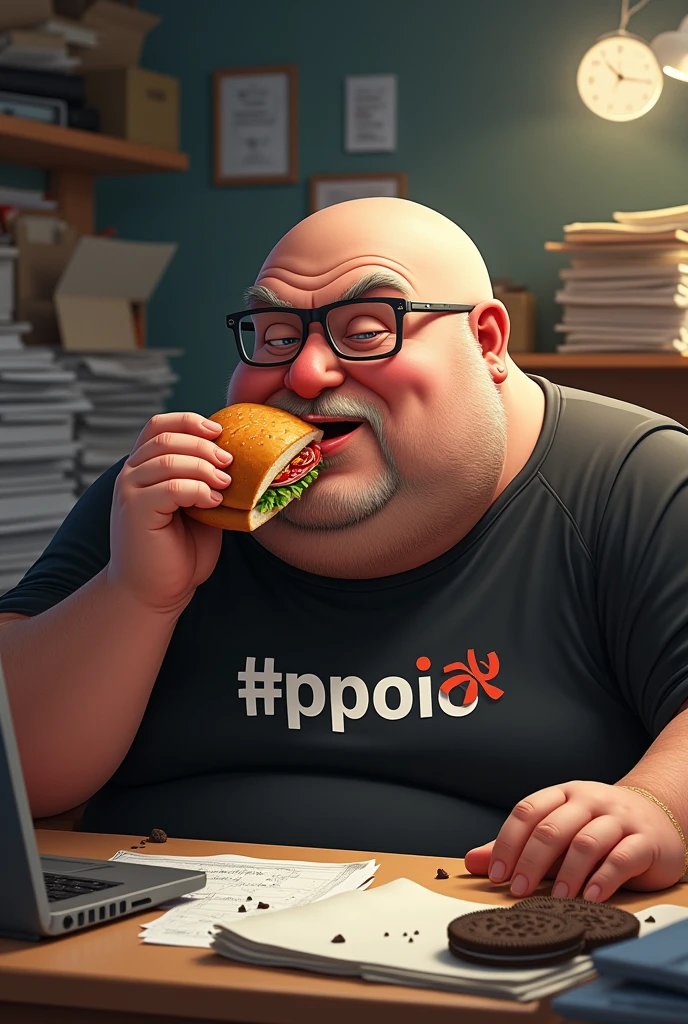 white male, aged 50, baldie, fatter, cheeky, paunchy, wrinkled face, wearing glasses, eating baguette with ham, leaning against a cluttered computer desk, stacks of papers, Oreo crumbs and cookies. Wearing a black shirt with the phrase APPOIO (M P F)