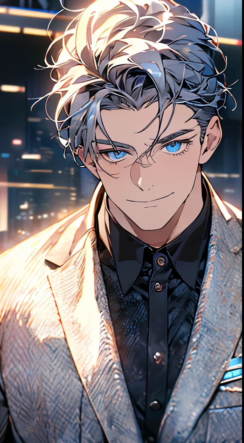 (best quality,4k,8k,highres,masterpiece:1.2),ultra-detailed,(realistic,photorealistic,photo-realistic:1.37),1 man,3,mature man,very handsome,without expression,smile,short grey blue hair,blue eyes,penetrating gaze,perfect face without errors,imposing posture,businessman,office background,cinematic lighting,hdr image