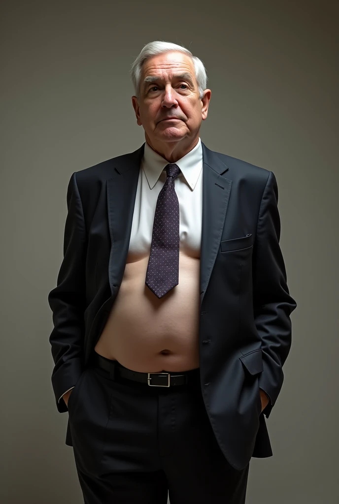 creates the image of a mature man of about 60 years old., short gray hair, He wears a suit and tie, and he has a very big penis , He is without pants and without underwear