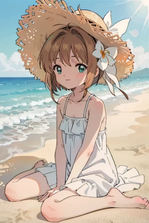 High resolution backgrounds,Beautiful background,anime, cute,Beach Sunset,The big sun setting on the horizon, ,White camisole dress,Chestnut Hair,Short Bob Hair,barefoot,Green Eyes,White straw hat,Lens flare,Sitting flat on the sand,smile