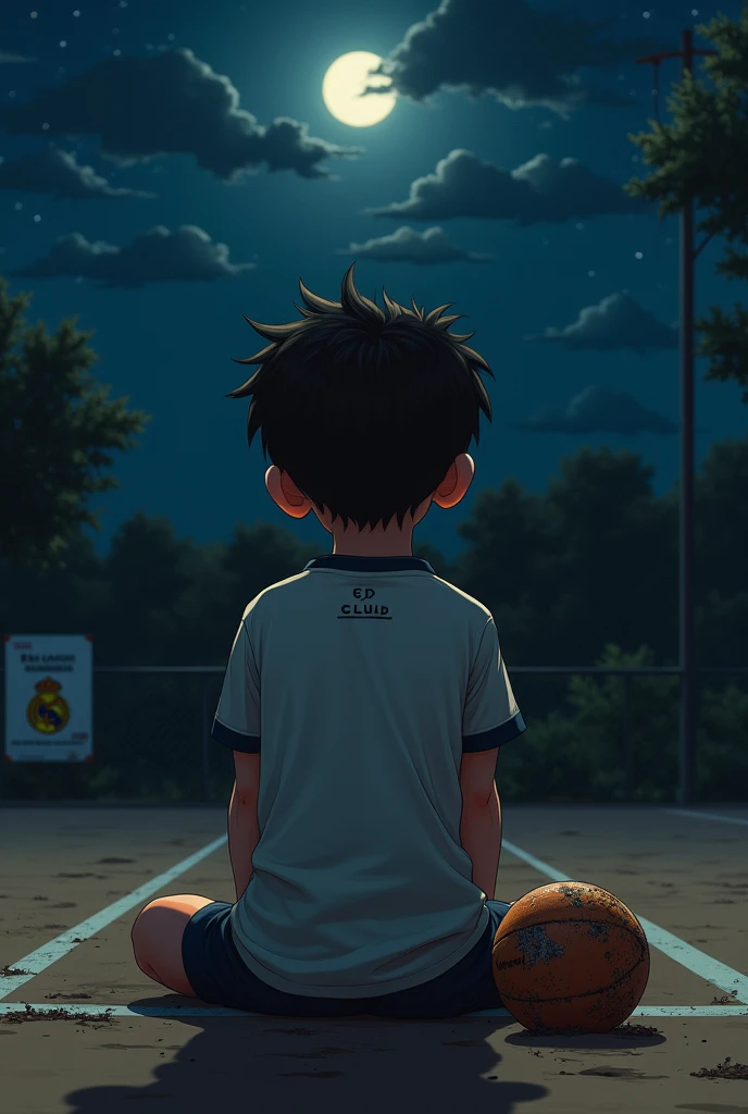 Close-up of Elkin: with eyes closed, her face illuminated by the moonlight. A smile appears on his lips as he imagines dribbling between rival players in a packed stadium..
around: The dirt court, with the lines barely visible, is under a starry sky. A worn-out ball rests at his feet.
Details: In the background, A worn Real Madrid poster stuck to a tree. The ball might have patches and his shirt is dirty from playing..
