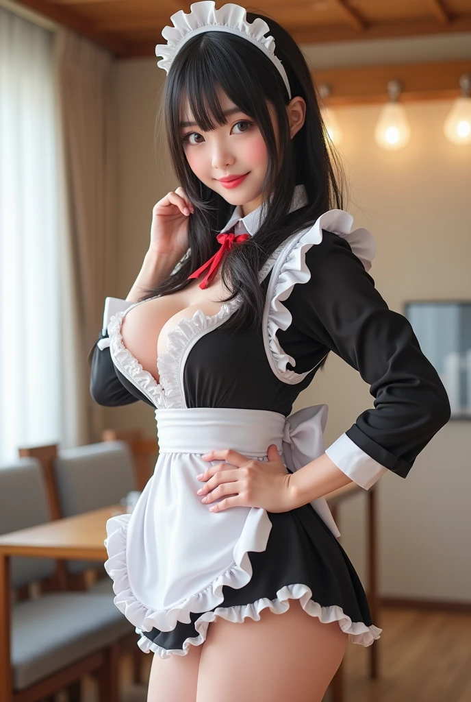 (high resolution:1.5),(8K:1.5),(High resolution:1.5),(masterpiece:1.5),(Young face),(*********** Japanese girl),One ,Looking at this,smile,Showing beautiful teeth,(Big Breasts),(White and black maid clothes),(The whole body is shown),Thin and beautiful legs,