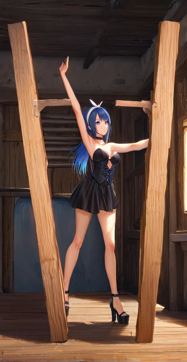 1girl, FF8RINOA, torn black corset strapless, medium Breasts hanging, white hairband, black choker, long legs, spread legs, black platform high heels sandals, black miniskirt sexy, pillory, bend over, tiptoes, tiptoes in heels, standing tiptoes, stockade, side shot, full body shot, Bathroom background.