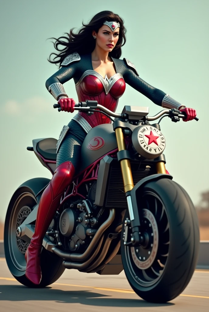 (((In extreme close-up, a beautiful woman riding a high-powered futuristic motorcycle))),(((Cali Green and Yellow Wonder Woman Scale One Piece Suit (((Suit that covers your entire body))),(((Wonder Woman red corset over jumpsuit ))),(((Black hair gathered in a braided ponytail))),((((Hair six feet long blowing in the wind)))Silver metal diaema with a red star on its forehead Long silver bracelets Long red boots above its knees Blood around it (((cursed cemetery))),(((Bloody and terrifying images of a high-displacement red motorcycle with Wonder Woman logos))),(((rogue x-men))) marvel universe 