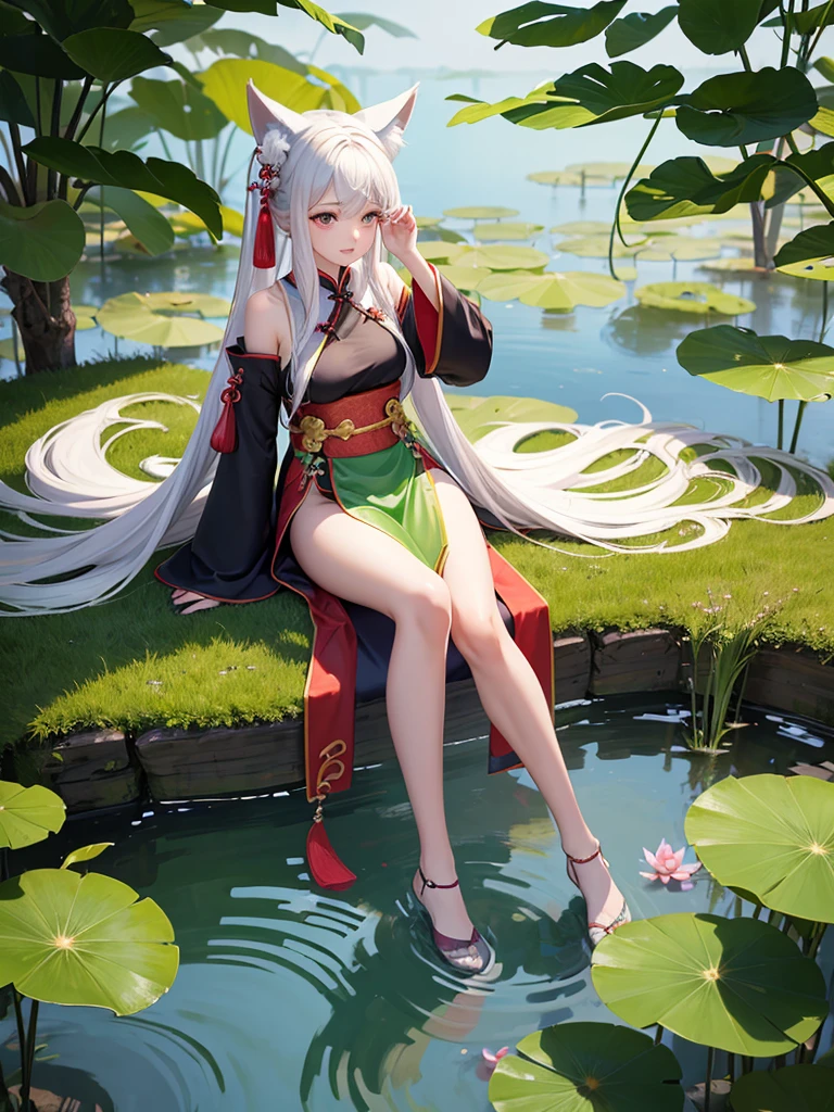 nonsense, height, very detailed, (1 girl:1.3), hand drawn, Simple lines, A 1 girl in a colorful Chinese Hanfu costume., Sexy girl with fox ears, At the lotus pond, Masterpiece, Sitting in the water, floating clothes, floating hair