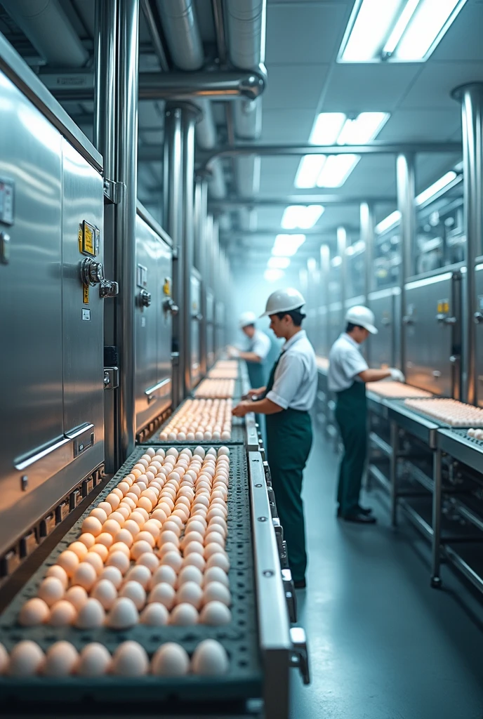 Create what an egg company would look like inside where the eggs are in machines and there are people watching.