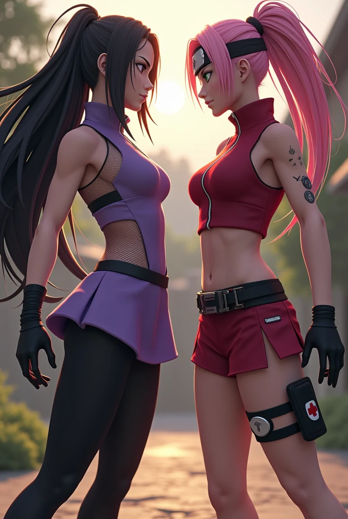 Create an image of two kunoichi, poised and ready to battle each other One is a black haired kunoichi with lavender eyes dressed in a sleeveless lavender dress with a mesh shirt underneath emphasizing her voluptuous figure. She is wearing black midleg leggings Emphasize her impressive voluptuous but athletic figure , her narrow waist, long legs, voluptuous athletic figure and big boobs dd cup The other kunoichi in pink hair and green esmerald eyes She is wearing her signature red sleeveless top with a high collar and a zipper, paired with a short pink skirt over black compression shorts. Her top has a white circular design on the back. She also wears a pair of black gloves and her Konoha forehead protector, which is now tied around her head. Her pink hair is styled in a short, practical cut. She has black shinobi sandals and her look is completed with a dark pink medical pouch strapped to her thigh. Both kunoichi are positioned in a dynamic stance, ready to engage, with their surroundings reflecting a tense, action-filled environment. The backdrop should suggest a hidden village training ground, with shadows of trees and the hint of a sunset, emphasizing the drama and intensity of their impending clash., photo, 3d render, cinematic