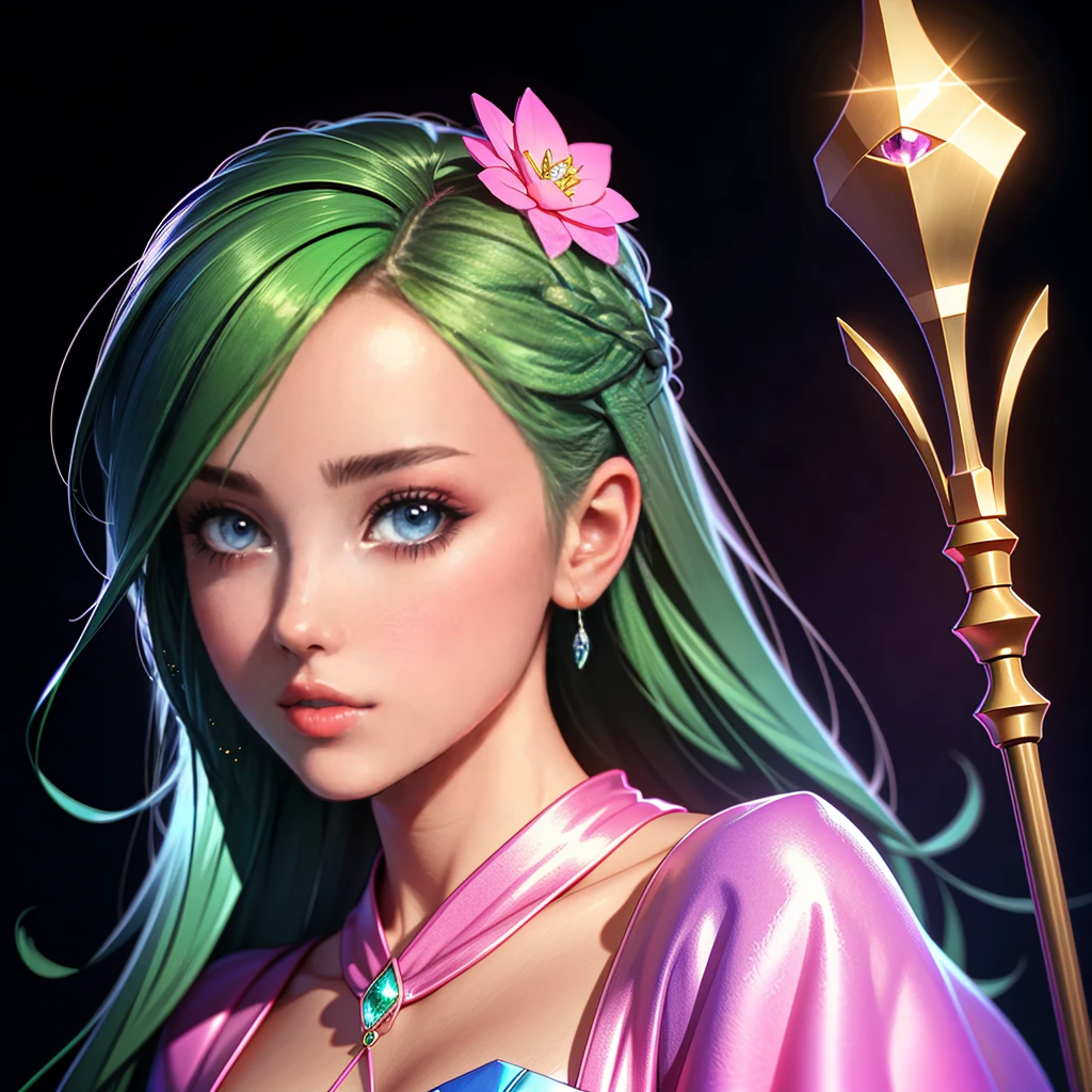 a beautiful young girl with long green hair,wearing a pink dress,holding a staff,yugioh card,full body,detailed face,detailed eyes,detailed lips,detailed hair,detailed dress,detailed staff,vibrant colors,cinematic lighting,dramatic composition,fantasy,digital art,octane render,8k,highly detailed,photorealistic,masterpiece
