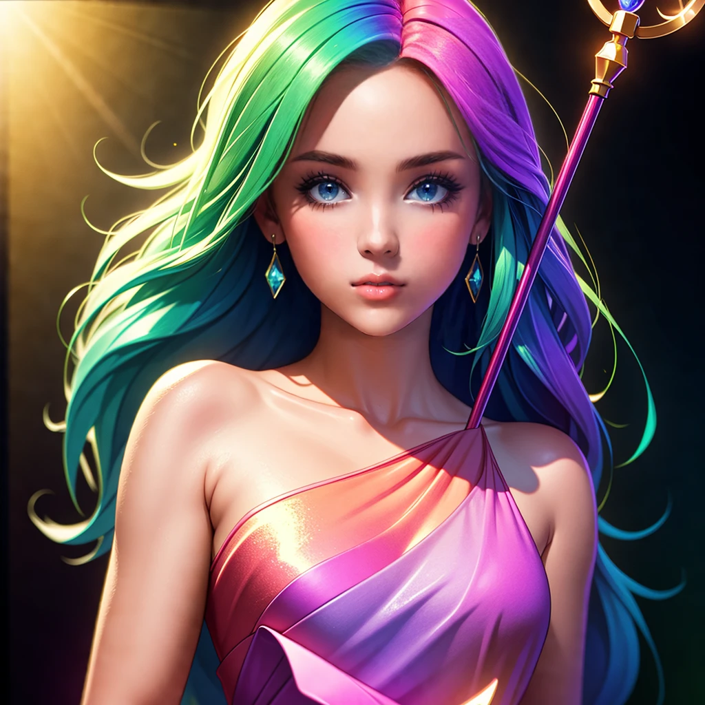 a beautiful young girl with long green hair,wearing a pink dress,holding a staff,yugioh card,full body,detailed face,detailed eyes,detailed lips,detailed hair,detailed dress,detailed staff,vibrant colors,cinematic lighting,dramatic composition,fantasy,digital art,octane render,8k,highly detailed,photorealistic,masterpiece
