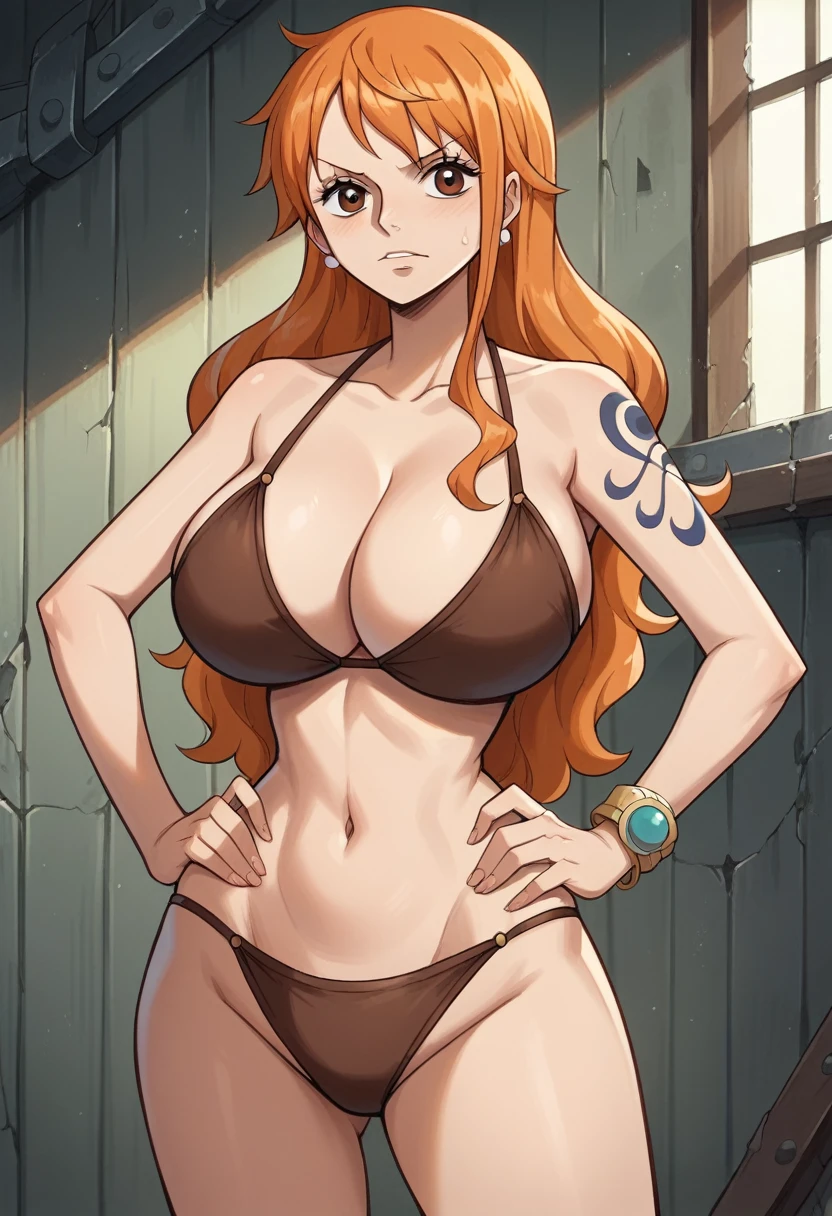 Masterpiece, best quality, Masterpiece, best quality, 1 woman, Nami , long orange hair , sly face , brown bikini , big breasts , abdomen , Put your hands on your hips.. , 1 guy , molest , abandoned factory