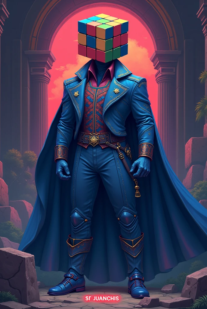 Create a 2D pixelated villain but with depth Rubik's cube head, and with a strange but cool suit , It is the king of puzzles and it says below "SR JUANCHIS", The suit is blue and has a kind of cape
