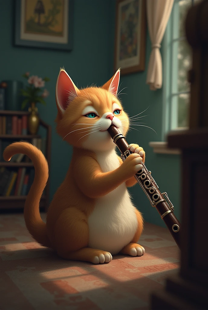 Look diagonally to the left、Draw a cat playing the oboe