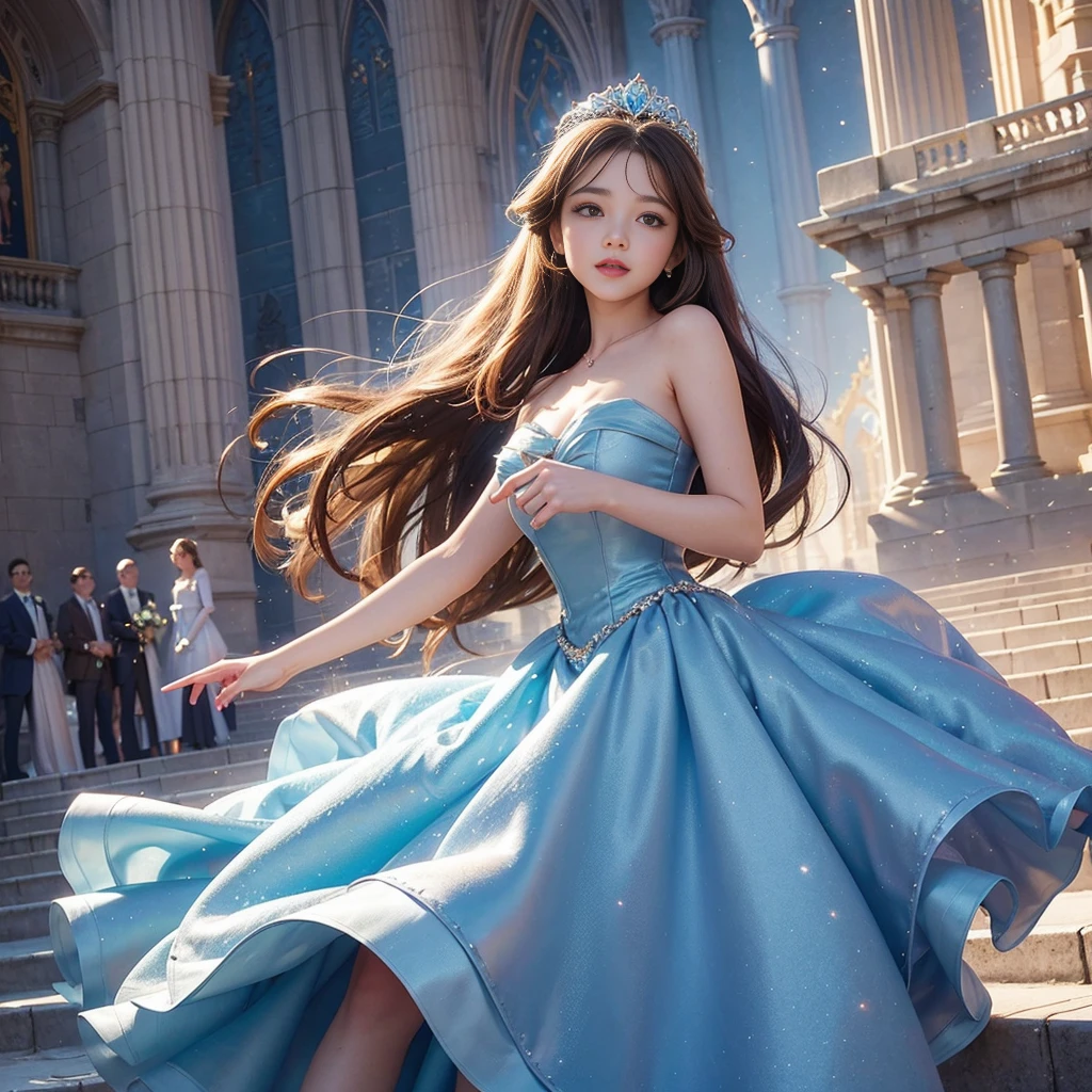 best quality, masterpiece, 1 girl, long hair, A huge laugh, cute , shiny lips, sweet, sun glare, Conservative attire, Disney Princess Cinderella, Blue dress, Bridal Tiara, depth of field, blurred background, Cathedral Background, light particles, strong wind, head tilt