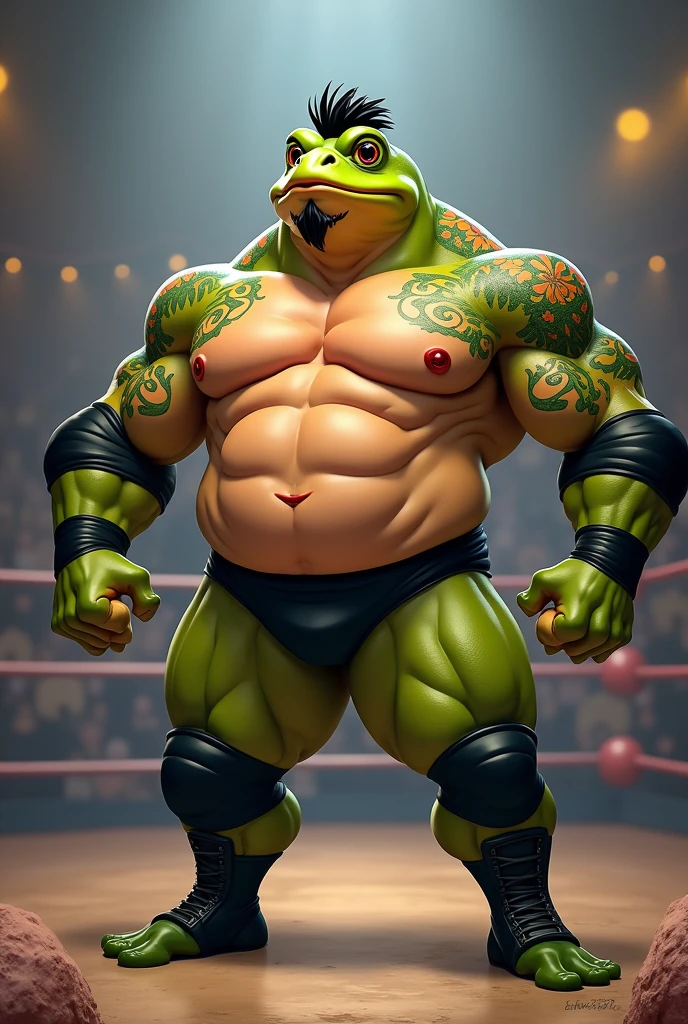 cartoon Bullfrog dressed like WWE wrestler Dave Bautista.
cartoon Bullfrog head. cartoon Bullfrog body. cartoon Bullfrog arms. cartoon Bullfrog hands. cartoon Bullfrog legs.
Black goatee. Short black hair. Shoulder tattoos. Muscular. Black underwear. Black elbow pads. Black wrestling boots.