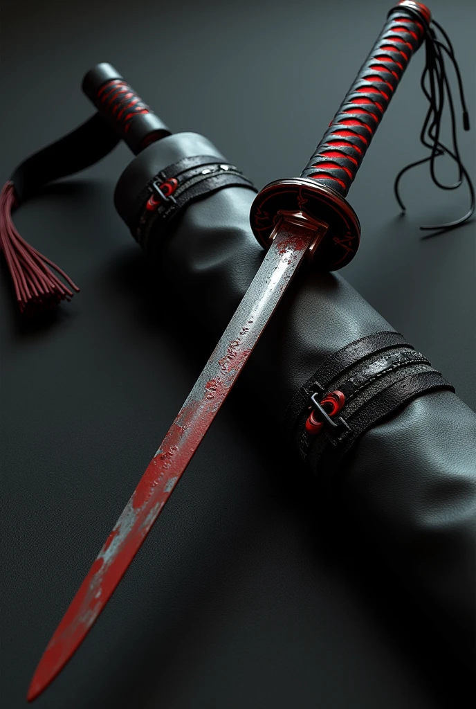 A katana with a black handle with blood red details, with some wires hanging from the handle, next to it a sheath that resembles an umbrella