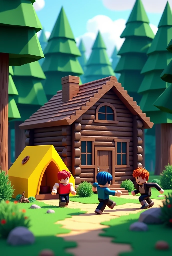 DARK OAK LOG CABIN AND YELLOW TENT IN A ROBLOX STYLE PINE FOREST with players fighting
