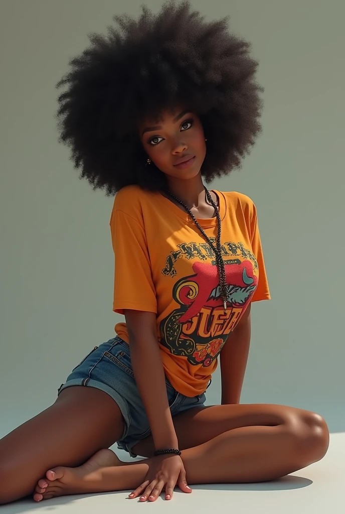 Black girl with afro, dressed in a loose-fitting hip-hop print T-shirt and tight shorts. She has a nice ass and is on her back