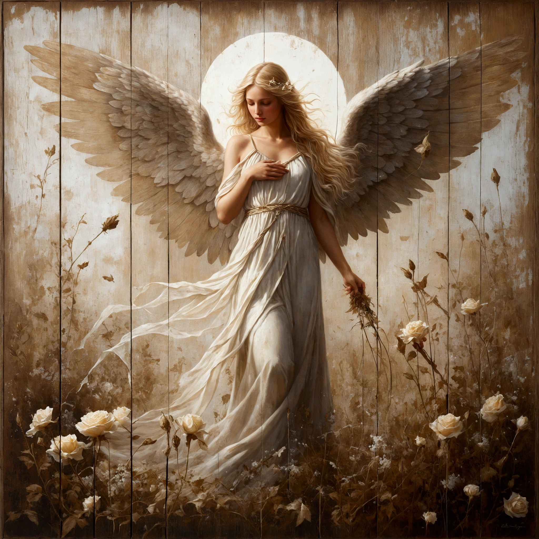 the angel is an weathered peeling image painted on an old peeling wooden sign, static, haze, cracks worn patches, weathered painted image of blonde haired angel, standing on a battle field holding a butterfly bringing life back into it weathered painting on a old wooden sign board, wearing a transparent Voile dress, wooden sign-board style, paper roses, paper wings, scroll work, designs, flacking paint dried plants, simple background, photorealistic, perfect, oilpainting, photorealistic, In a sublime portrayal, an angel draped in a pristine, luminescent cloak captivates the viewer. The ethereal being is depicted in a striking painting, which precisely highlights the angel's purity and radiance. Resplendent with heavenly beauty, the cloak glistens with a glossy sheen, reflecting divine light. The delicate feathers that adorn the angel's wings possess a remarkable softness and grace, seemingly untouched by earthly impurities. This awe-inspiring image evokes beautiful blonde girl