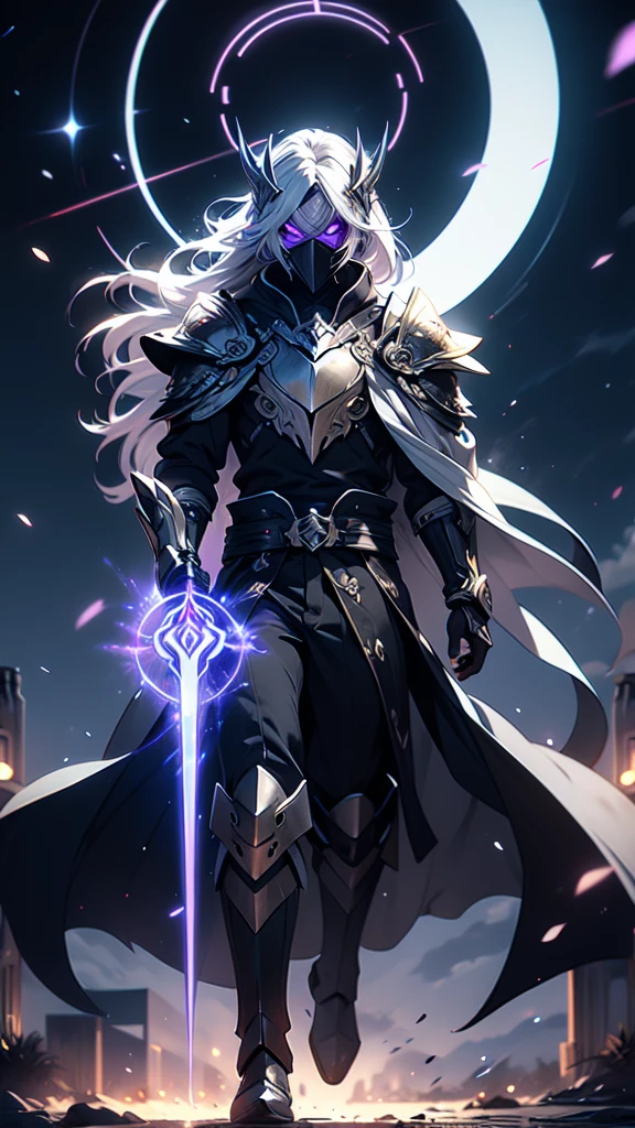 ((masterpiece)), (best quality), (ultra-detailed), (best illustration), (best illumination), photorealistic, 1boy, solo, long hair, white hair, black sclera of eyes, lilac eyes, black armor, lilac armor, multicolored armor, hammer hero, crazy, metal halo behind, dark aura, obsession, glowing pupils, full body, flying in air, ruins scenery, dark sky, mask on full face, no face, mask.