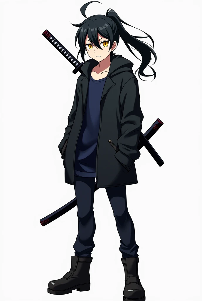 Create an anime style character, male gender with short and slightly spiky black hair with the fringe covering the face a little on the left side and with a giant ponytail, big yellow eyes, Men&#39;s black windbreaker jacket with dark blue shirt, black gloves, black pants with men&#39;s black boots, with a purple sheathed katana on his back.