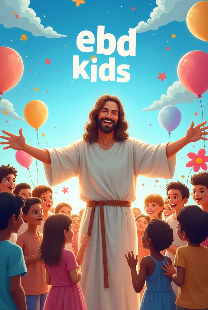Create an image of Jesus surrounded by happy children, with the text 'EBD Kids' highlighted in the center of the image. Include the Bible reference 'Matthew 19:14' legibly, and add the phrase 'With Prô Priscila'. The scene should be cheerful and vibrant, with a blue sky and fluffy clouds. Replace the paper airplane with eye-catching elements that remind you of the universe , like colorful balloons, toys or flowers. Jesus must have a welcoming expression, while the children around you look happy and diverse. The general atmosphere should be warm, inviting and full of positive energy.
Put Matthew 19:14 in Portuguese