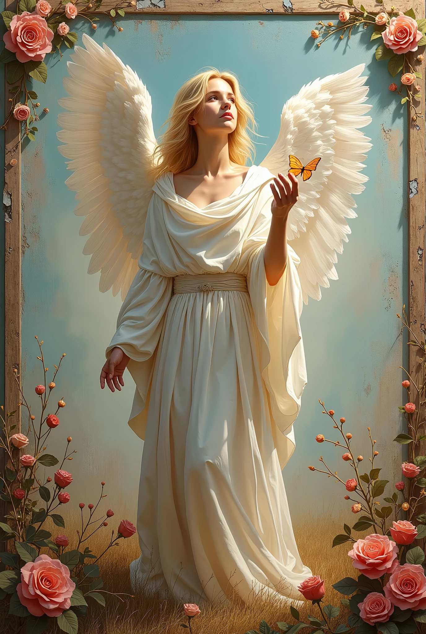 the angel is an weathered peeling image painted on an old peeling wooden sign, static, haze, cracks worn patches, weathered painted image of blonde haired angel, standing on a battle field holding a butterfly bringing life back into it weathered painting on a old wooden sign board, wearing a transparent Voile dress, wooden sign-board style, paper roses, paper wings, scroll work, designs, flacking paint dried plants, simple background, photorealistic, perfect, oilpainting, photorealistic, In a sublime portrayal, an angel draped in a pristine, luminescent cloak captivates the viewer. The ethereal being is depicted in a striking painting, which precisely highlights the angel's purity and radiance. Resplendent with heavenly beauty, the cloak glistens with a glossy sheen, reflecting divine light. The delicate feathers that adorn the angel's wings possess a remarkable softness and grace, seemingly untouched by earthly impurities. This awe-inspiring image evokes beautiful blonde girl