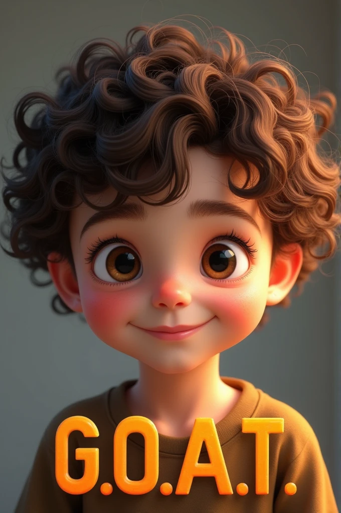 Boy with small curls with the word G.O.A.t